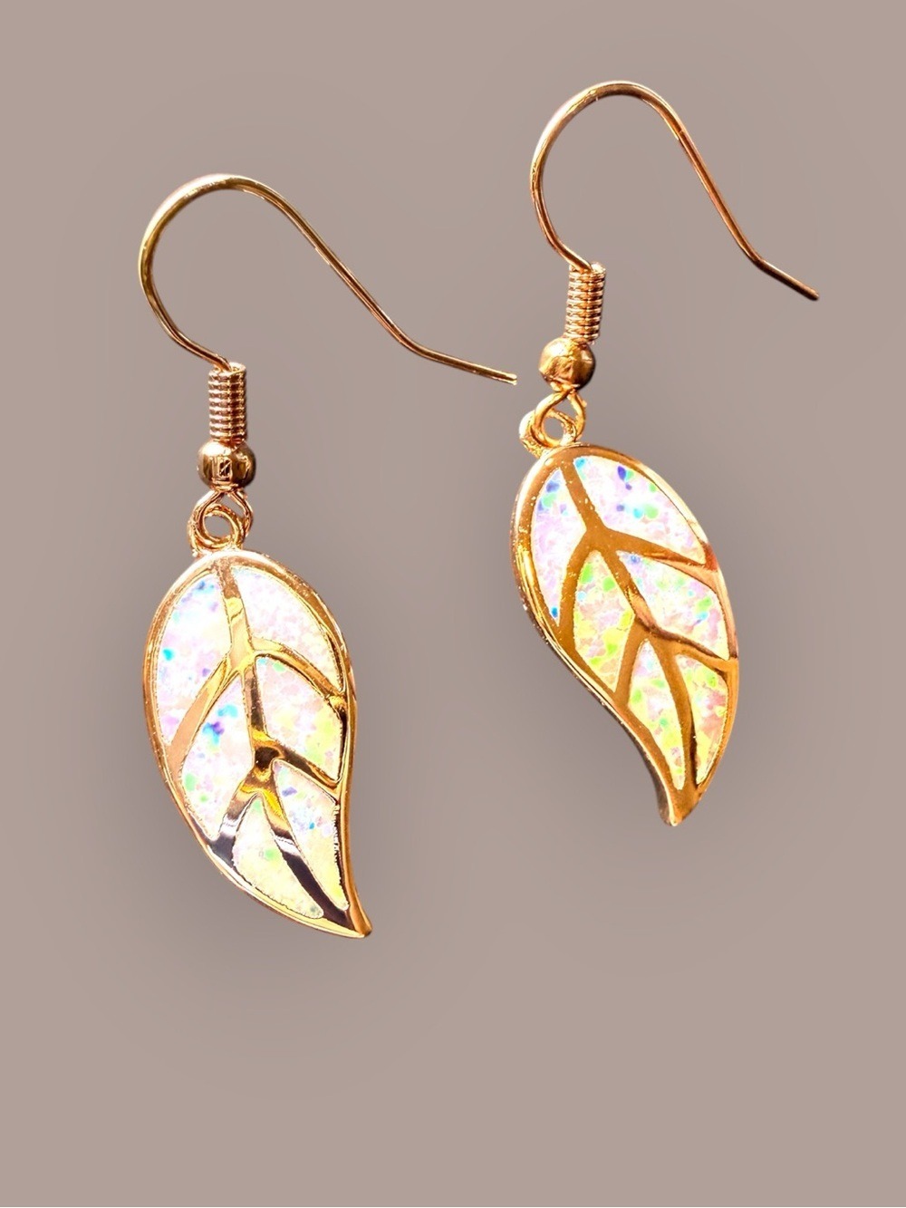 18K Rose Gold Plated Simulated Opal Leaf Earrings - Picture 3 of 4